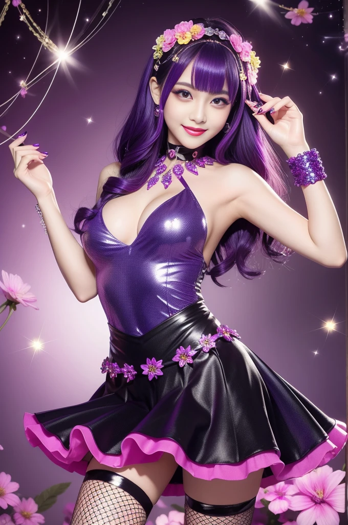 sexy woman who controls poison、smiling face、lipgloss、intense makeup、look at the camera、full body Esbian、、sparkling poisoned flower costume、、、、sparkling Colorful hair、secrete poison、skull hair accessories, detailed tights、shiny sparkling flowers background