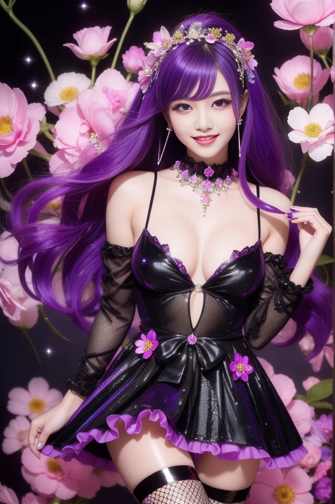 beautiful sexy model who controls poison、beautiful smile、lipgloss、long lashes、intense makeup、look at the camera、full body Esbian、、sparkling poisoned flower costume、、、、shiny sparkling multicolor hair、secrete poison、skull hair accessories、fishnet tights、shiny sparkling flowers background