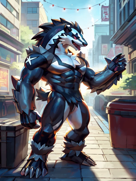 a cartoon image of a character in a city street, commission for high res,pokemon obstagoon,1male, sfw version, fullbody commission, muscular,furry,art by takahirosi