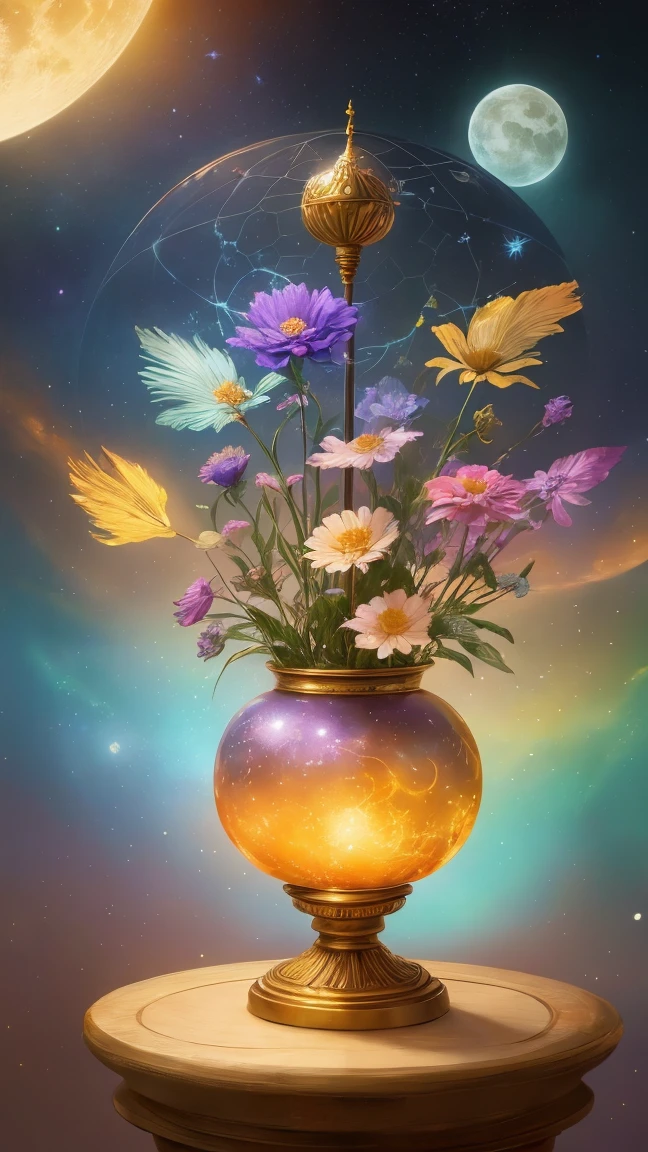 light tone,Bright tones,Crystal colorful flowers, magic, dream Catcher, universe , space, floating, moonlight, magic kanote gold crystal pot,,Current Ions,Sun, moon and stars,galaxy,moon,Buddha's light,dharma,Staff,magnificent,atmosphere,Sea,Majestic,light tone