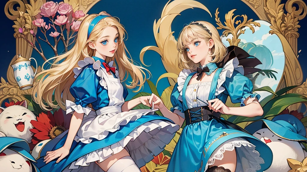 masterpiece, Highest quality, Portraiture, One Girl, (Alice in Wonderland:1.2), Blue clothes, White apron, Blonde, blue eyes, Usagi, Trump, Tea cup, White lace thigh high socks, Miniskirt lift, Dynamic pose,Retro