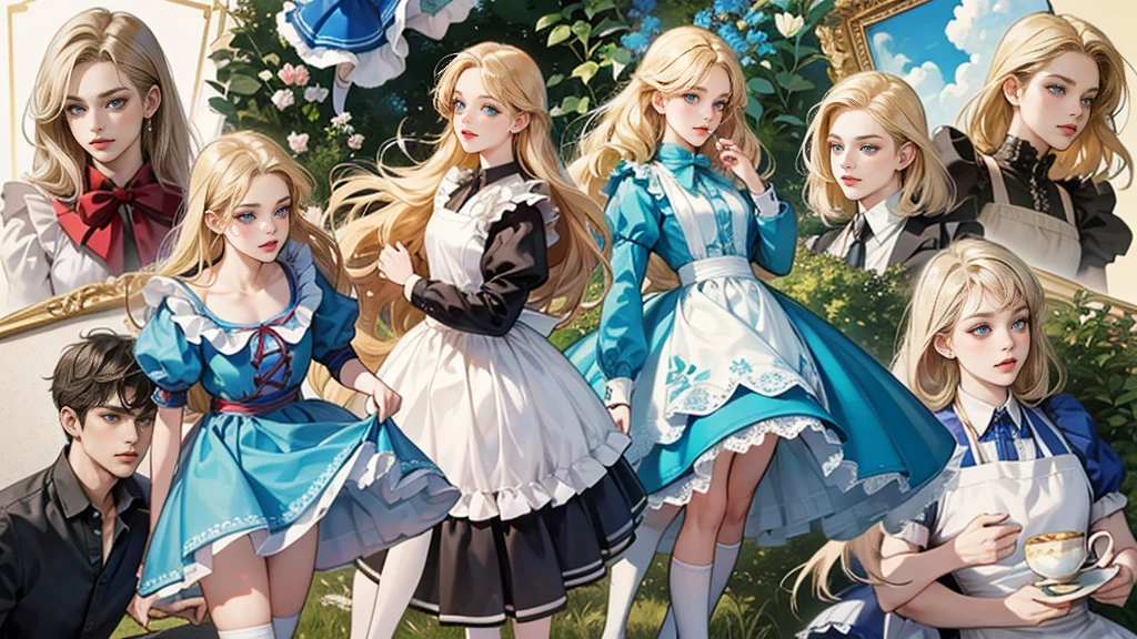 masterpiece, Highest quality, Portraiture, One Girl, (Alice in Wonderland:1.2), Blue clothes, White apron, Blonde, blue eyes, Usagi, Trump, Tea cup, White lace thigh high socks, Miniskirt lift, Dynamic pose,Retro
