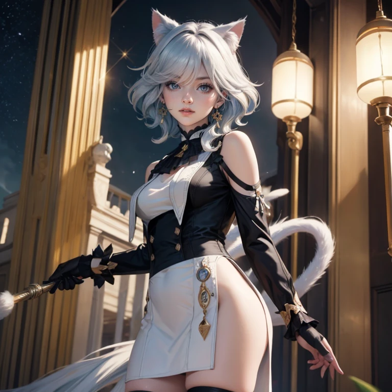 1girl, white roses, ornament hair, white roses on her hair, perfectly body, perfectly hands, white hair, blue hair, wave hair, 1girl, white maid dress, jewelry, flowing hair, long hair, maid dress with a short skirt and layers, white laces, white boots, white dress with transparency, gold details on her clothes, cat ears, animal ears, more details, perfectly body, perfectly hands, two hands, two legs, two arms, five fingers, glowing hair, best quality, cat ears, animal ears, white gloves, cat tail, alone, maid headdress, choker, detached sleeves, maid dress, maid white dress, strapless, masterpeice, best quality, detailed face, night, asymmetrical gloves, bangs, white short skirt , earrings, elbow gloves, fishnet thighhighs, fishmasterpeice, solo, best quality, detailed face, hair between eyes, jewelry, looking at viewer, single earring, sky, sleeveless, solo, thigh boots, thighhighs, tongue, tongue out, uneven gloves, cat ears, animal ears, cat tail, solo, alone, Looking at the viewer, magenta roses on her hair, space scenery, maid, maid dress, magenta details, maid headdress, maid apron, long hair, seat on the Saturn rings, more details on her clothes, gold details on her clothes, space, smiling, standing her hand to a viewer, looking at the viewer, in the background a several asteroids glowing with fiery auras, Dramatic lighting from distant stars and planets illuminates the scene, looking at the vast and mysterious universe, cowboy shot, upper body portrait, more details, sparkle,