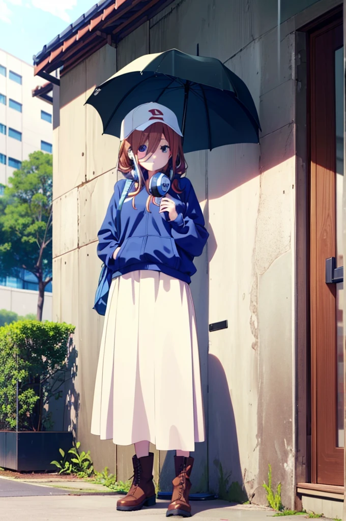 miku nakano, Nakano Miku Ticket III, Long Hair, bangs, blue eyes, Brown Hair, Hair between the eyes,Baseball hats,Headphones around neck,Oversized blue hoodie,Long skirt,short boots,rain,Hiding in a roofed building,Standing leaning against the wall,whole bodyがイラストに入るように,
break outdoors, Building district,
break looking at viewer, whole body,
break (masterpiece:1.2), Highest quality, High resolution, unity 8k wallpaper, (figure:0.8), (Beautiful attention to detail:1.6), Highly detailed face, Perfect lighting, Highly detailed CG, (Perfect hands, Perfect Anatomy),