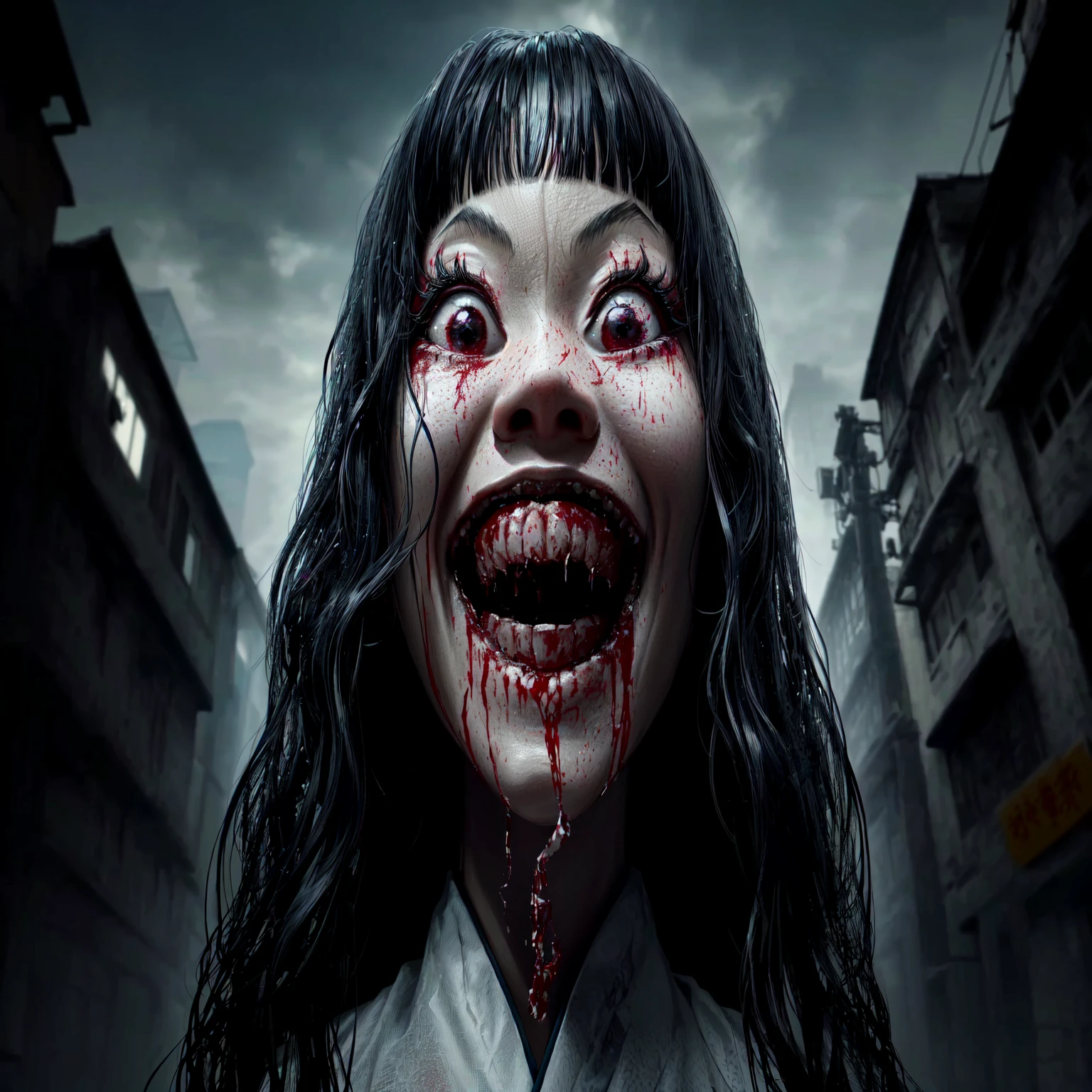 arafed woman with blood on her face and eyes in a city, horrifying grin. horror, creepy hd 4k, horror cgi 4 k, japanese horror, detailed 4k horror artwork, japanese horror movie footage, scary smile, unsettling grin, creepy evil smile, horror smile, horror image, digital horror artwork, creepy smile, scary picture, horrifying, hyper-realistic 8K fish-eye jumpscare photo of a 10-year-old ghostly mediumistic telekinetic psychic girl with Asian features, She has black hair styled in buns and is wearing a red qipao, The scene is eerie, with scary kids and ants around her large feet., The atmosphere is unsettling and spooky, designed to evoke fear, The image should be in a 16:9 aspect ratio.