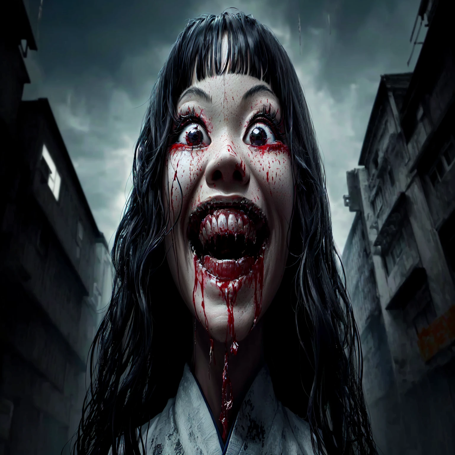 arafed woman with blood on her face and eyes in a city, horrifying grin. horror, creepy hd 4k, horror cgi 4 k, japanese horror, detailed 4k horror artwork, japanese horror movie footage, scary smile, unsettling grin, creepy evil smile, horror smile, horror image, digital horror artwork, creepy smile, scary picture, horrifying, hyper-realistic 8K fish-eye jumpscare photo of a 10-year-old ghostly mediumistic telekinetic psychic girl with Asian features, She has black hair styled in buns and is wearing a red qipao, The scene is eerie, with scary kids and ants around her large feet., The atmosphere is unsettling and spooky, designed to evoke fear, The image should be in a 16:9 aspect ratio.
