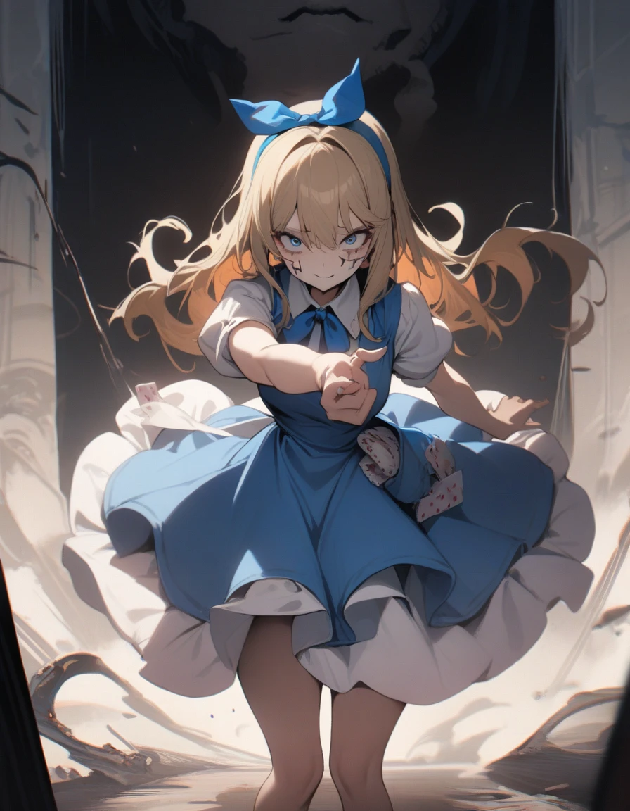 1girl, Alice in wonderland, crazy, ominous, beautiful face, masterpiece, best quality, very aesthetic, absurdres