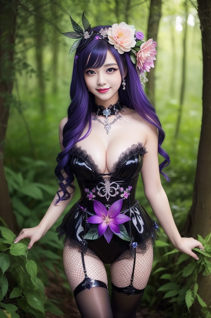 sexy stylish female who controls poison、beautiful smile、lipgloss、long lashes、dramatic makeup、look at the camera、full body Esbian、、sparkling poisoned enchanted flower costume、、、、shiny sparkling multicolor hair、secrete poison、skull hair accessories、fishnet tights、shiny sparkling dark magic forest background