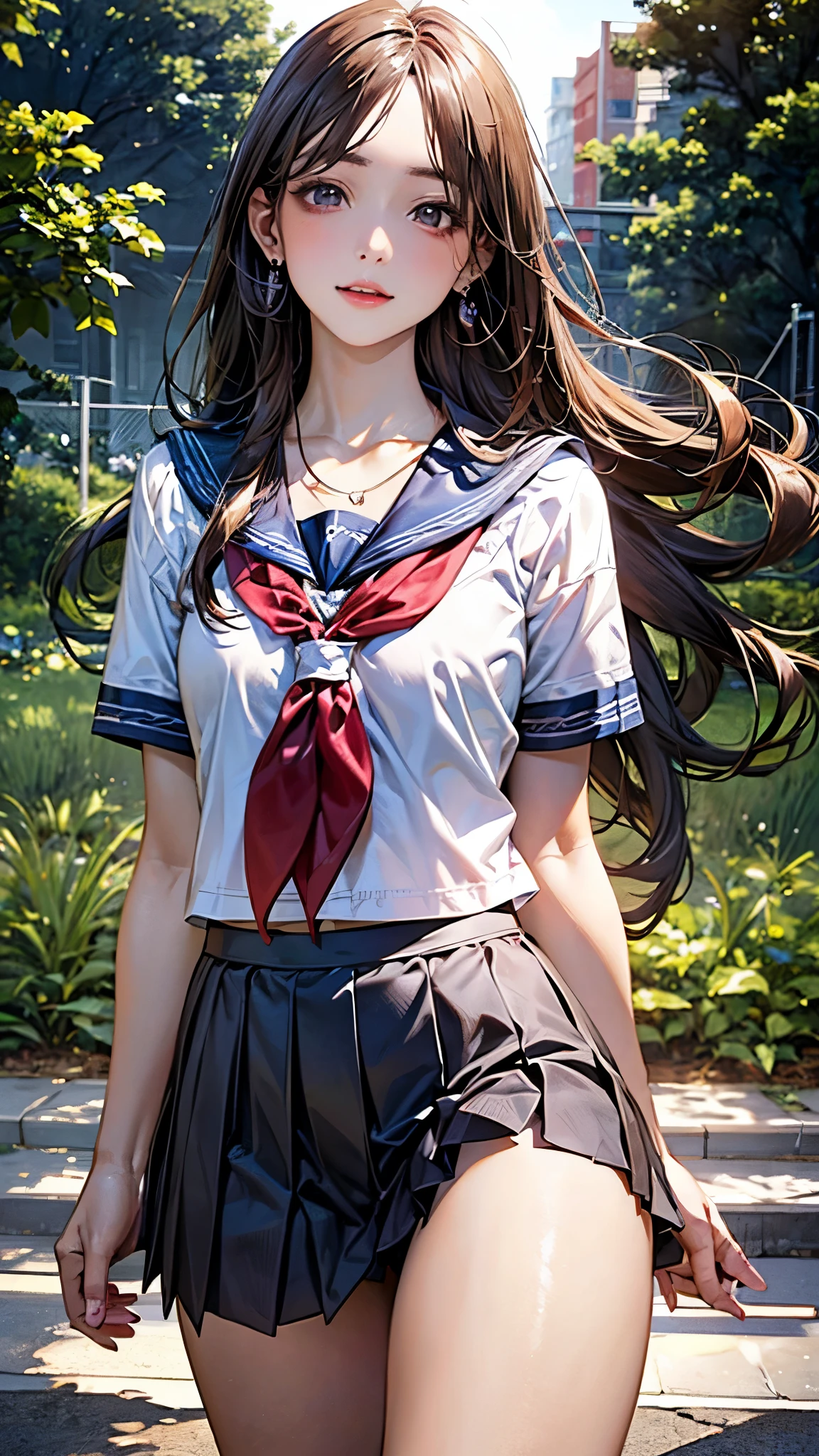 (masterpiece:1.2, top-quality), (realistic, photorealistic:1.4), beautiful illustration, (natural side lighting, movie lighting), nsfw,
beautiful detailed hair, beautiful detailed face, beautiful detailed eyes, beautiful clavicle, beautiful body, beautiful chest, beautiful thigh, beautiful legs, beautiful hands,
looking at viewer, 1 girl, japanese, high school girl, perfect face, cute and symmetrical face, shiny skin,
(long hair, straight hair, brown hair), forehead, gray eyes, slant eyes, big eyes, long eye lasher, (medium breasts), (small ass, thin thighs), slender, outstanding style,
((detailed cloth texture, serafuku, short sleeves, pleated skirt, sailor collar, scarf), finest underwear), earrings, necklace,
(beautiful scenery), evening, summer, (riverside), standing (hand on chest), (seductive smile, upper eyes, parted lips),