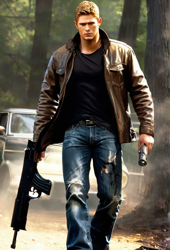 Make concepts art para um filme do dean winchester's blonde ,with black clotes and jeans,and torn,he is bleeding,and holding a gun!