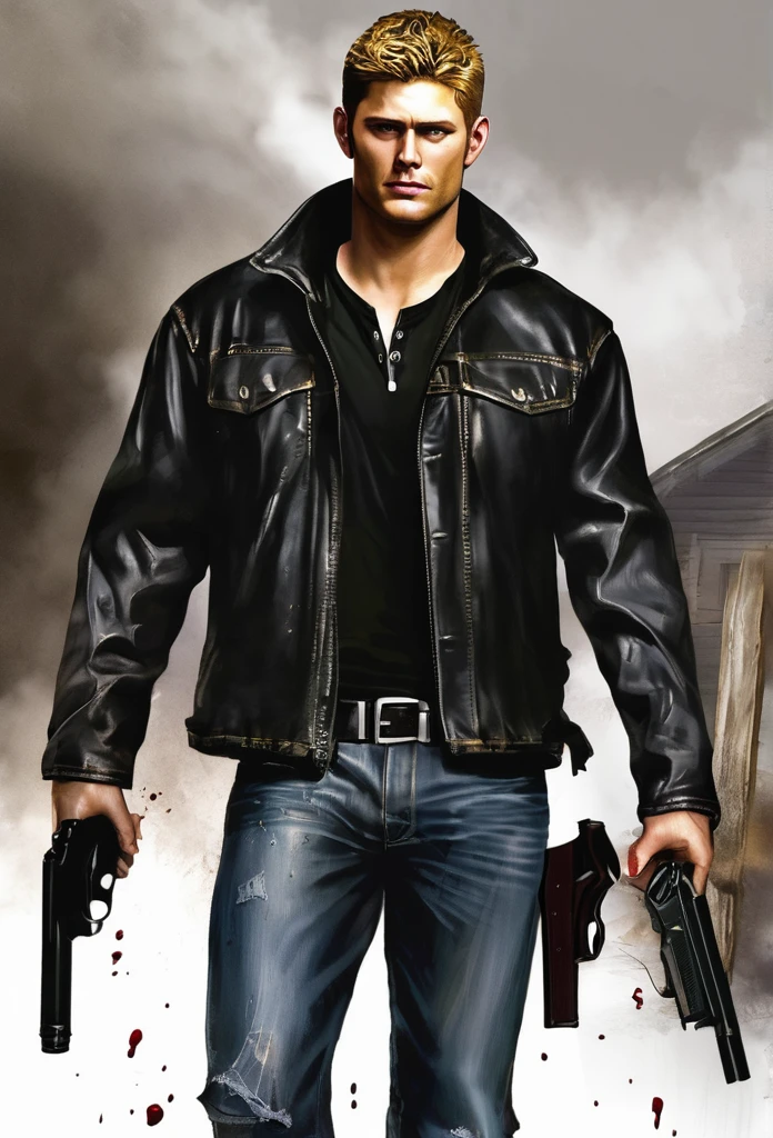 Make concepts art para um filme do dean winchester's blonde ,with black clotes and jeans,and torn,he is bleeding,and holding a gun!