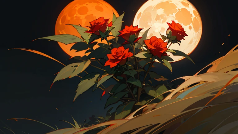 ((best quality)), ((masterpiece)), (detailed), wallpaper with pitch black background and bunches of red roses dispersed on left and right corner with plants having reddish orange shade of gleam on them from the orange moon 