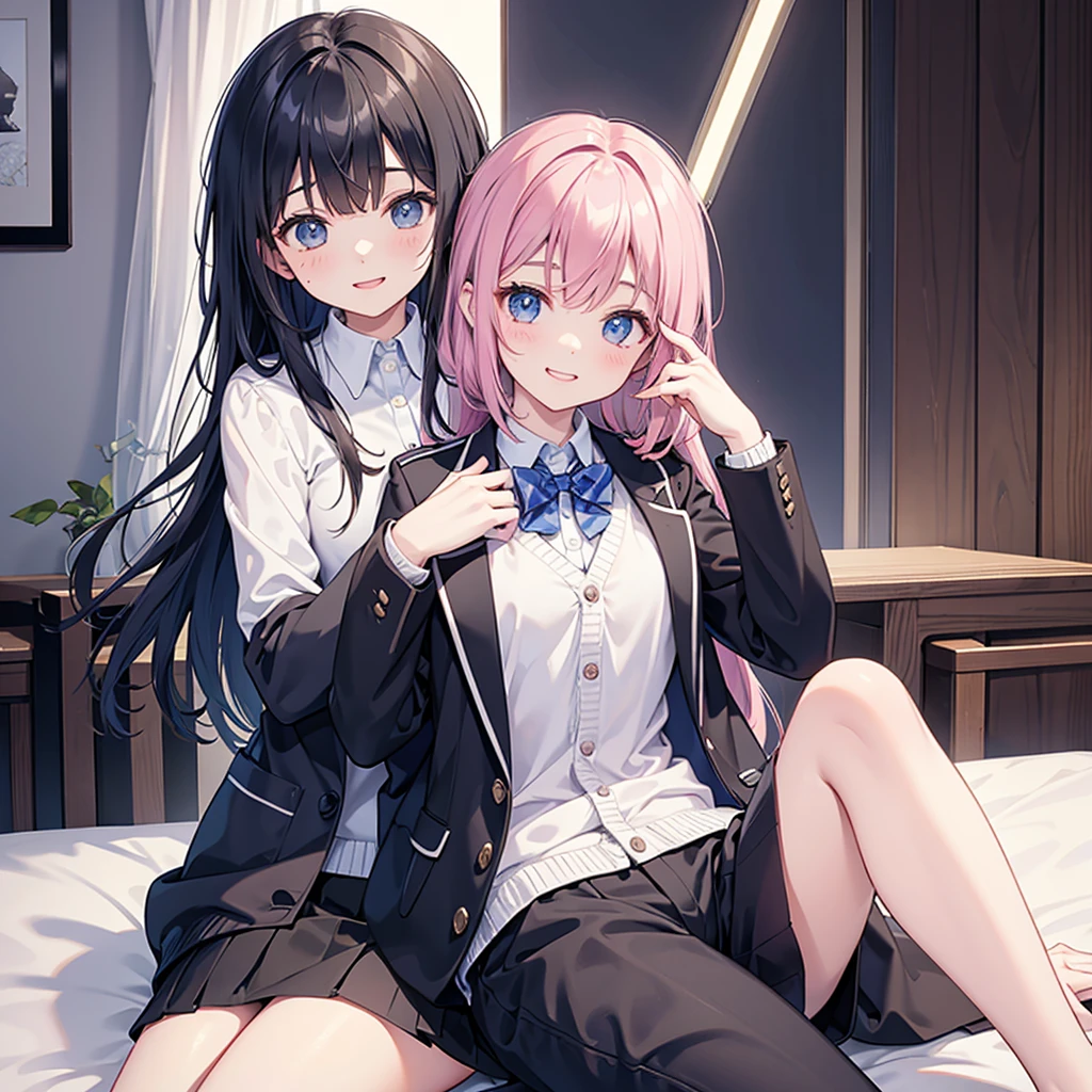 best quality，8K，smile，cardigan，leather jacket，uniform，blazer，いuniform，cardigan，Girls hugging each other，bed，Boyfriend&#39;s house，Evolution Fashion，future fashion，blazer，ribbon on uniform，mini skirt，high school girl，multiple girls are depicted，harem，idol group，photo shoot，long hair，wearing a cardigan，highest quality，big breasts，happy girl,horny girl，pink eyes，perfect face，standing position，I have my hands in my pockets，letting down one&#39;s Bangs，beautiful eyes,gym,girls hugging each other,smooth hair，multicolored hair colors，naughty girl，beautiful girl，beautiful girl，loose socks