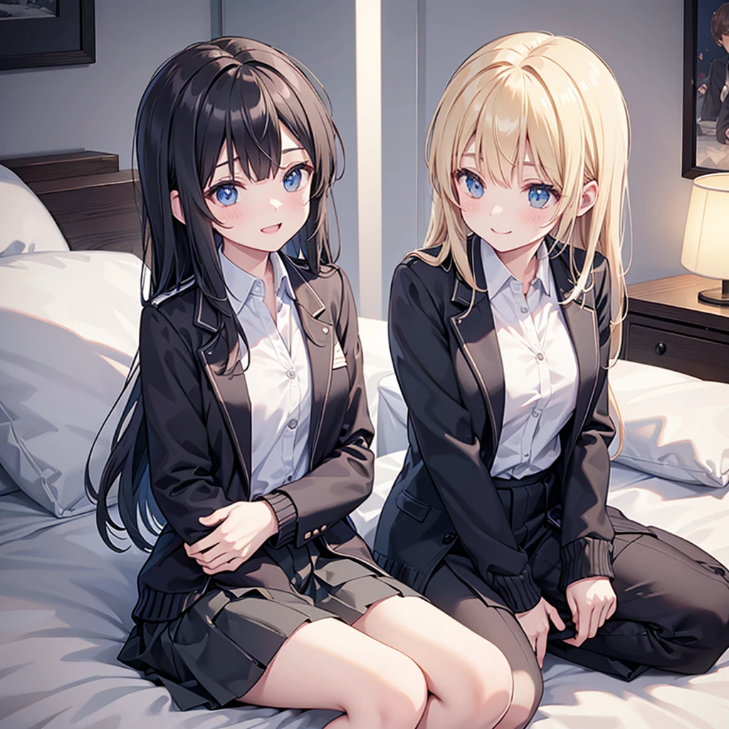 best quality，8K，smile，cardigan，leather jacket，uniform，blazer，いuniform，cardigan，Girls hugging each other，bed，Boyfriend&#39;s house，Evolution Fashion，future fashion，blazer，ribbon on uniform，mini skirt，high school girl，multiple girls are depicted，harem，idol group，photo shoot，long hair，wearing a cardigan，highest quality，big breasts，happy girl,horny girl，pink eyes，perfect face，standing position，I have my hands in my pockets，letting down one&#39;s Bangs，beautiful eyes,gym,girls hugging each other,smooth hair，multicolored hair colors，naughty girl，beautiful girl，beautiful girl，loose socks