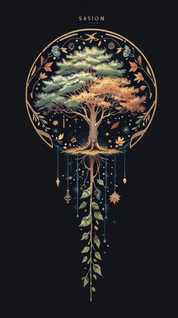 circular tree,four seasons,spring,summer,autumn,winter,leaves,roots,branches,trunk,ornate border,decorative,digital illustration,artwork,movement,time,swirling background,dark background,vibrant colors,natural,life cycle,growth,change,nature,life,peace,harmony,spirituality,symbolism,digital art,illustration,painting,graphic design,art,design,digital media,online art,visual art,fine art,fantasy