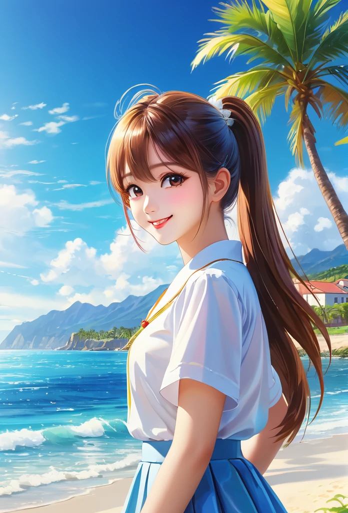 Sparkling sea and tropical ocean, Sunny sky with fluffy white clouds, Palm trees along the coast, Blur the background,Pleasant sea breeze,High school girls,ponytail,smile,Glitter effect,highest quality, 4K, 8K, High resolution, masterpiece:1.2, Very detailed, Realistic:1.37, High resolution, 超High resolution, Ultra-fine painting, Sharp focus, Physically Based Rendering, Very detailed explanation, Professional, Vibrant colors