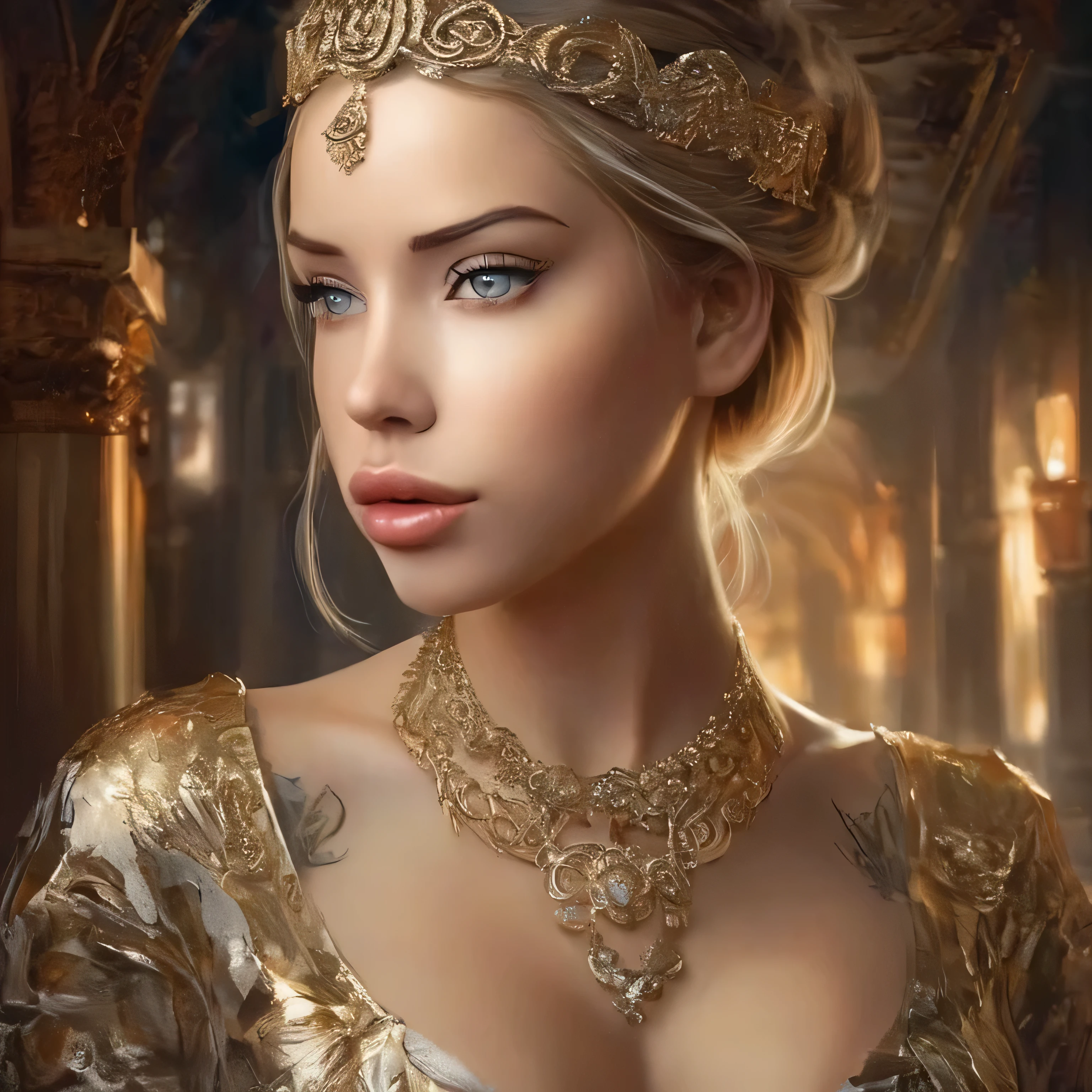 masterpiece, best quality, 1 girl, solo, laurence bedard, glossy, beautiful detailed eyes, beautiful detailed lips, extremely detailed face, longeyelashes, elegant, graceful, serene, peaceful expression, intricate jewelry, ornate headpiece, flowing dress, cinematic lighting, warm golden tones, dramatic backlighting, highly detailed, photorealistic, digital painting