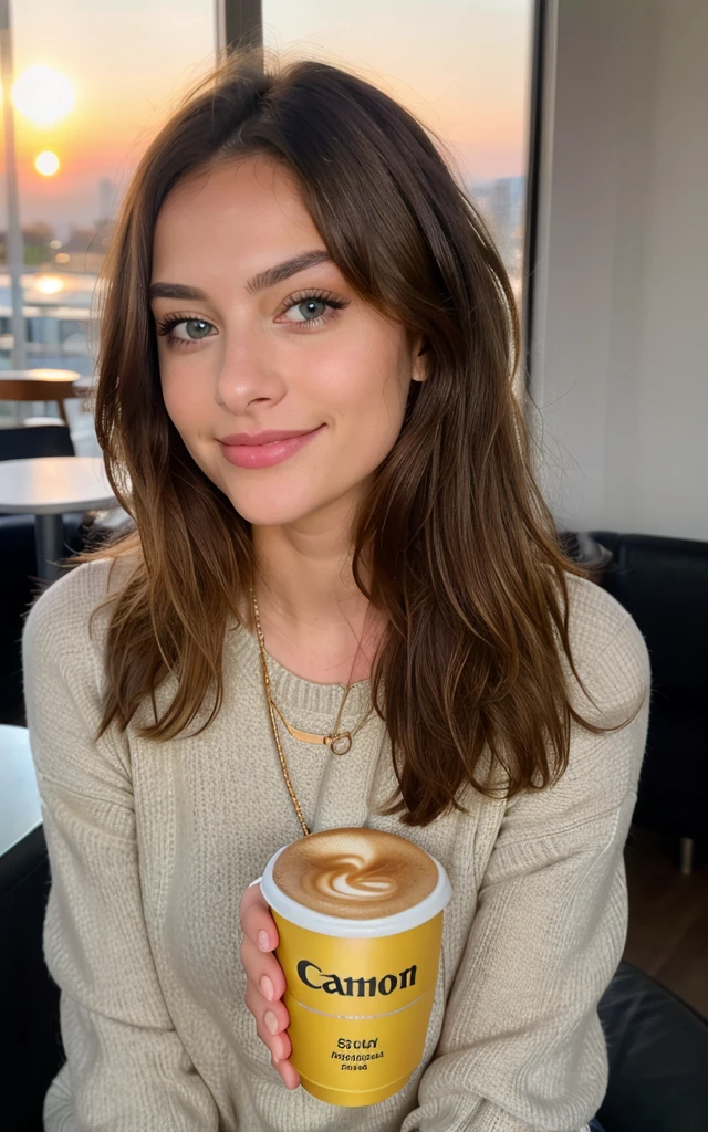 Cute beautiful blonde with yellow sweater (Drinking coffee in a modern café at sunset), muito detalhado, 14years old, innocent face, naturally wavy hair, blue eyes, high-res, masterpiece, best qulaity, Intricate detailing, muito detalhado, sharp focus, detailed skin, realistie Hauttextur, Textur, detailled eyes, professional, 4K, charming smile, taken with Canon, 85 mm, light depth of field, Kodak Vision Color, perfectly fitting body, extremely detail, photoshot_\(ultra\), fotorealisti, realisti, Post processing, maximum details, roughness, real life, ultrarealisti, photoshotrealismus, photoshotgrafie, 8K UHD, photoshotgrafie