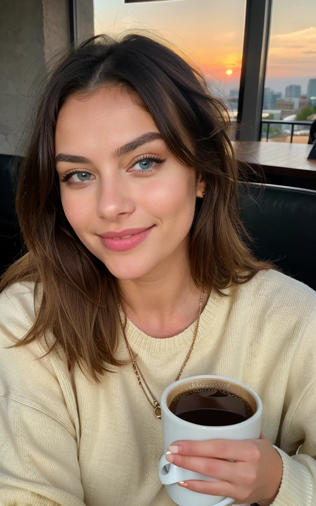 Cute beautiful blonde with yellow sweater (Drinking coffee in a modern café at sunset), muito detalhado, 14years old, innocent face, naturally wavy hair, blue eyes, high-res, masterpiece, best qulaity, Intricate detailing, muito detalhado, sharp focus, detailed skin, realistie Hauttextur, Textur, detailled eyes, professional, 4K, charming smile, taken with Canon, 85 mm, light depth of field, Kodak Vision Color, perfectly fitting body, extremely detail, photoshot_\(ultra\), fotorealisti, realisti, Post processing, maximum details, roughness, real life, ultrarealisti, photoshotrealismus, photoshotgrafie, 8K UHD, photoshotgrafie