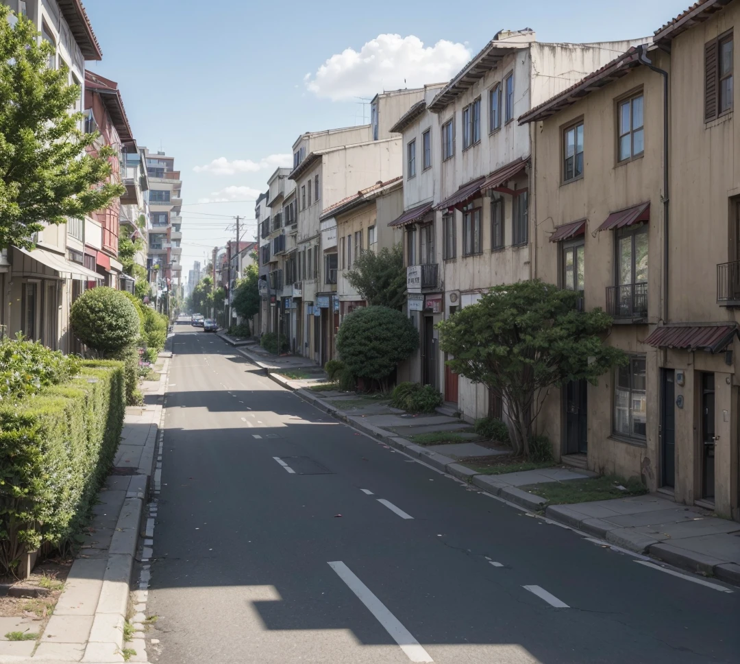 ((best qualityer)), (detailded), a central avenue in the center of the image, on the sides of buildings and houses, some trees on the sidewalk, ((hurt people)), people running, (Zombies attacking people), ((haos))
