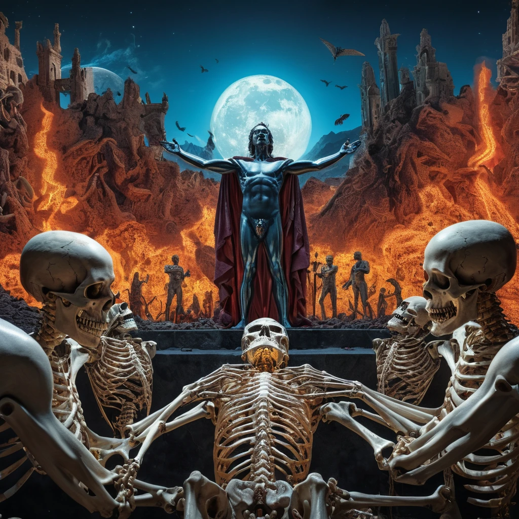 Cuadro surrealista estilo Salvador Dalí de 8k, UHD, HDR, intricate details, Photo, a man talk to each other over a pile of corpses,The image depicts a group of superheroines with various powers and abilities, standing together in front of a fiery background, Appendix architecture made of skeletons., Fancy, intricate, elegant, Very detailed, centered, symmetry, chart, intricate, volumetric lighting, beautiful, masterpiece of rich deep colors, sharp focus, ultra detailed, In the style of Dan Mumford and Marc Simonetti, astroPhotografía