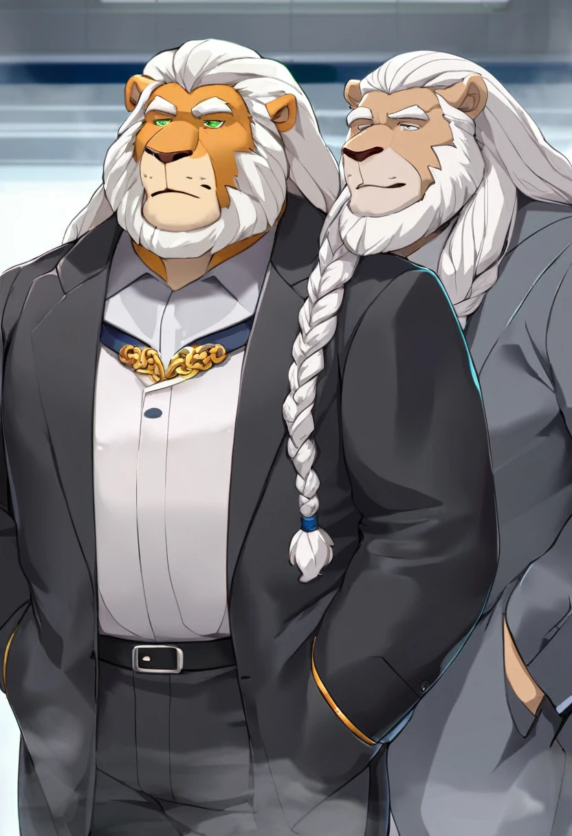 lion，personification，Mature male，Hercules，White hair，A few braids，White beard，Cold expression，Green pupils，Gray eyebrows，Black suit suit，Hands in pockets，The Age of Steam，Hospital Office。