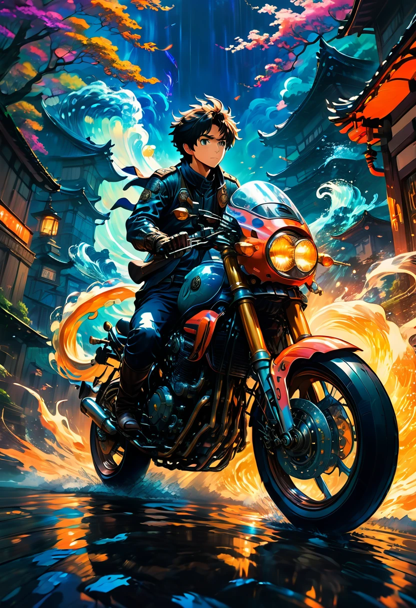 Motorcycle, rider, full body, by Studio Ghibli, dramatic composition, cinematic dynamic action scene, vibrant colors, cinematic lighting, dramatic lighting, best quality, masterpiece, very aesthetic, perfect composition, intricate details, ultra-detailed