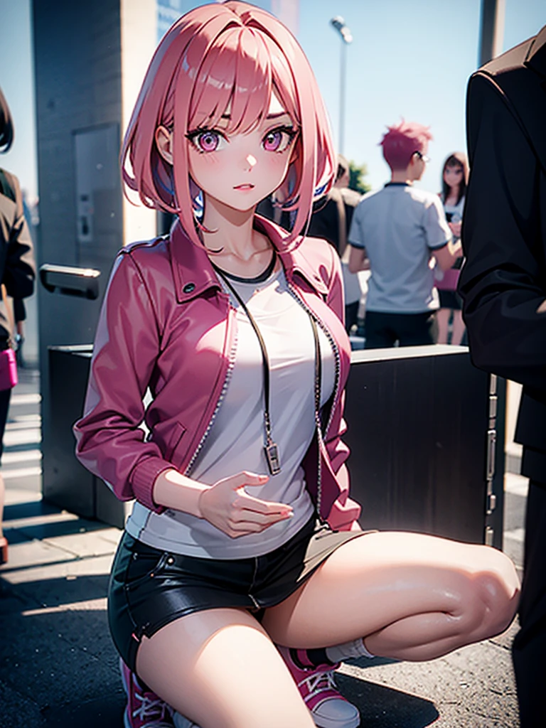 1 girl, 3D rendering, pink  hair, Trendy clothes, Headshots showing vagina