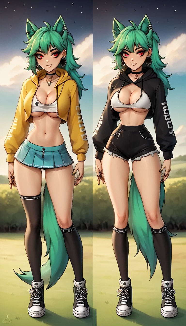 , Croped, , cleavage, slim waist, cropped hoodie underboob, cropped hoodieunderboobhoodie, 1girl, 2 wolf ears, wolf tail, marijuana crop hoodie, crop shorts, marijuana hoodie, spiky hair, spiky fur, green hair, red eyes,marijuana field, tight clothes, perfect eyes, perfect hands, clear resolution, full body, cleavage skin, marijuana plants, open hoodie, marijuana field, black thigh high socks, full body, earrings, 1girl, skirt, cleavage, slim waist, cleavage, slim waist, hair pulled back, big breast, round butt, slim waist, best quality, sexy pose, thick thighs, D-cup breast,
