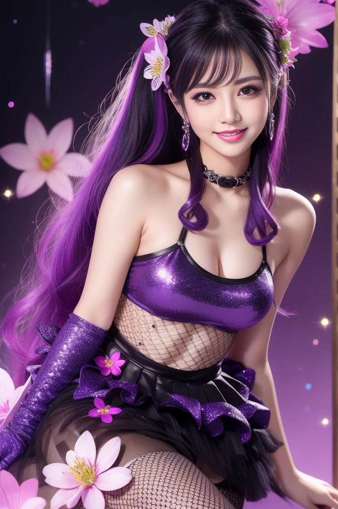 (nsfw), ultra realistic girl who controls poison, halloween, goth, gyaru, lip-gloss, gothic makeup, purple flowing hair, sparkling poisoned flower costume、、、、secrete poison, skull hair accessoires, sweet and sexy, seductive pose, shy, smile, flowers background