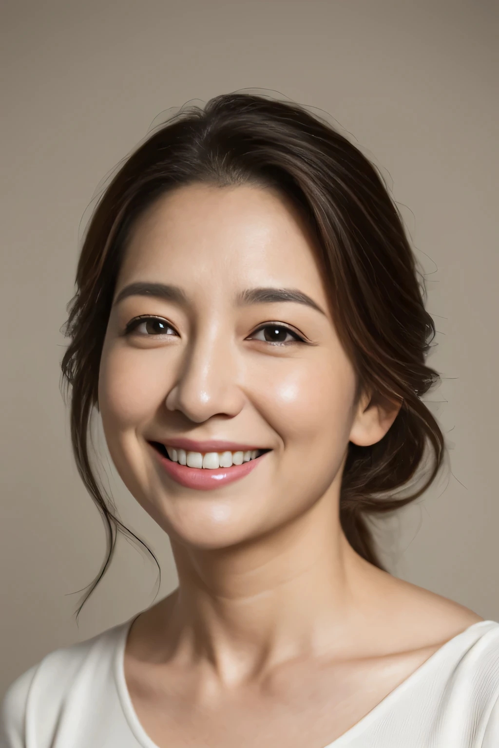 Masseter Film, Highest quality, masterpiece, High resolution, realism, Original photo, 8k wallpaper, perfection, Professional Lighting, Very detailed, Written boundary depth, ((Beautiful woman)), ((40-year-old woman)),,  ((smile)), Detailed face, Beautiful Eyes,, (Thick lips), A photo of your face,Put your hair up and expose your neck