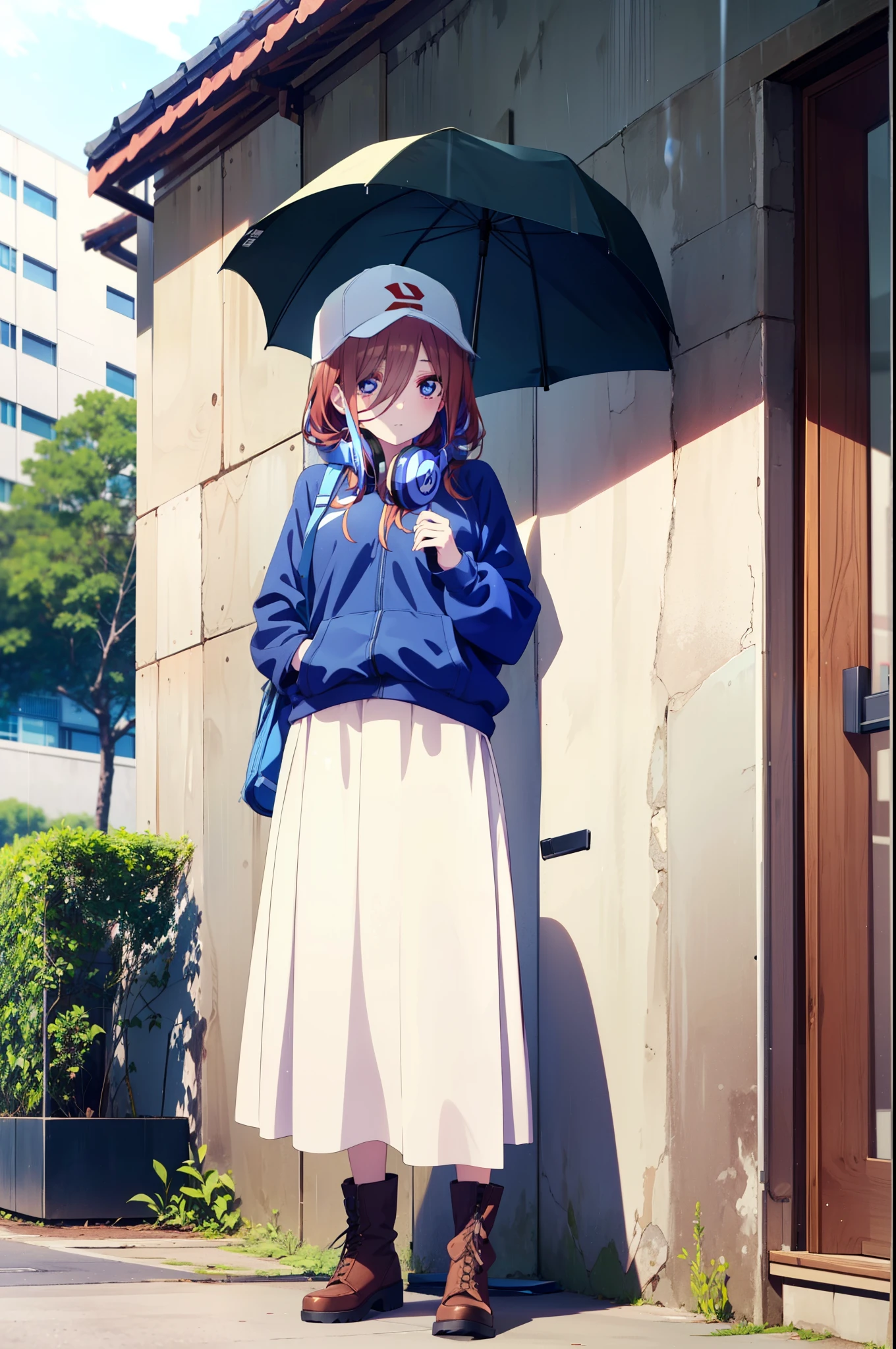 miku nakano, Nakano Miku Ticket III, Long Hair, bangs, blue eyes, Brown Hair, Hair between the eyes,Baseball hats,Headphones around neck,Oversized blue hoodie,Long skirt,short boots,rain,Hiding in a roofed building,Standing leaning against the wall,whole bodyがイラストに入るように,
break outdoors, Building district,
break looking at viewer, whole body,
break (masterpiece:1.2), Highest quality, High resolution, unity 8k wallpaper, (figure:0.8), (Beautiful attention to detail:1.6), Highly detailed face, Perfect lighting, Highly detailed CG, (Perfect hands, Perfect Anatomy),