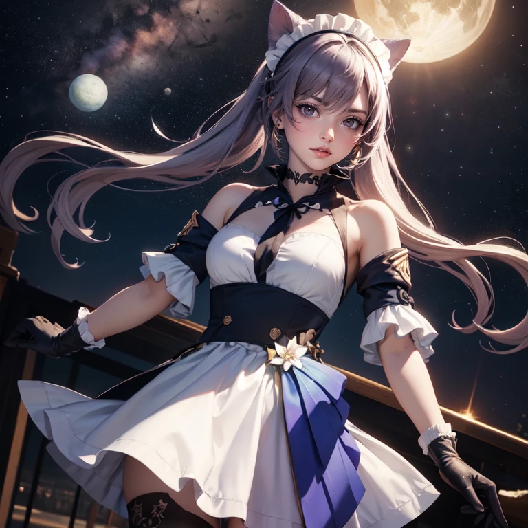 1girl, white roses, ornament hair, white roses on her hair, perfectly body, perfectly hands, lilac hair, long hair, wave hair, long hair, ornament hair, 1girl, white maid dress, jewelry, flowing hair, long hair, maid dress with a short skirt and layers, white laces, white boots, white dress with transparency, gold details on her clothes, cat ears, animal ears, more details, perfectly body, perfectly hands, two hands, two legs, two arms, five fingers, glowing hair, best quality, cat ears, animal ears, white gloves, cat tail, alone, maid headdress, choker, detached sleeves, maid dress, maid white dress, strapless, masterpeice, best quality, detailed face, night, asymmetrical gloves, bangs, white short skirt , earrings, elbow gloves, fishnet thighhighs, fishmasterpeice, solo, best quality, detailed face, hair between eyes, jewelry, looking at viewer, single earring, sky, sleeveless, solo, thigh boots, thighhighs, tongue, tongue out, uneven gloves, cat ears, animal ears, cat tail, solo, alone, Looking at the viewer, magenta roses on her hair, space scenery, maid, maid dress, magenta details, maid headdress, maid apron, long hair, seat on the Saturn rings, more details on her clothes, gold details on her clothes, space, smiling, standing her hand to a viewer, looking at the viewer, in the background a several asteroids glowing with fiery auras, Dramatic lighting from distant stars and planets illuminates the scene, looking at the vast and mysterious universe, cowboy shot, upper body portrait, more details, sparkle,