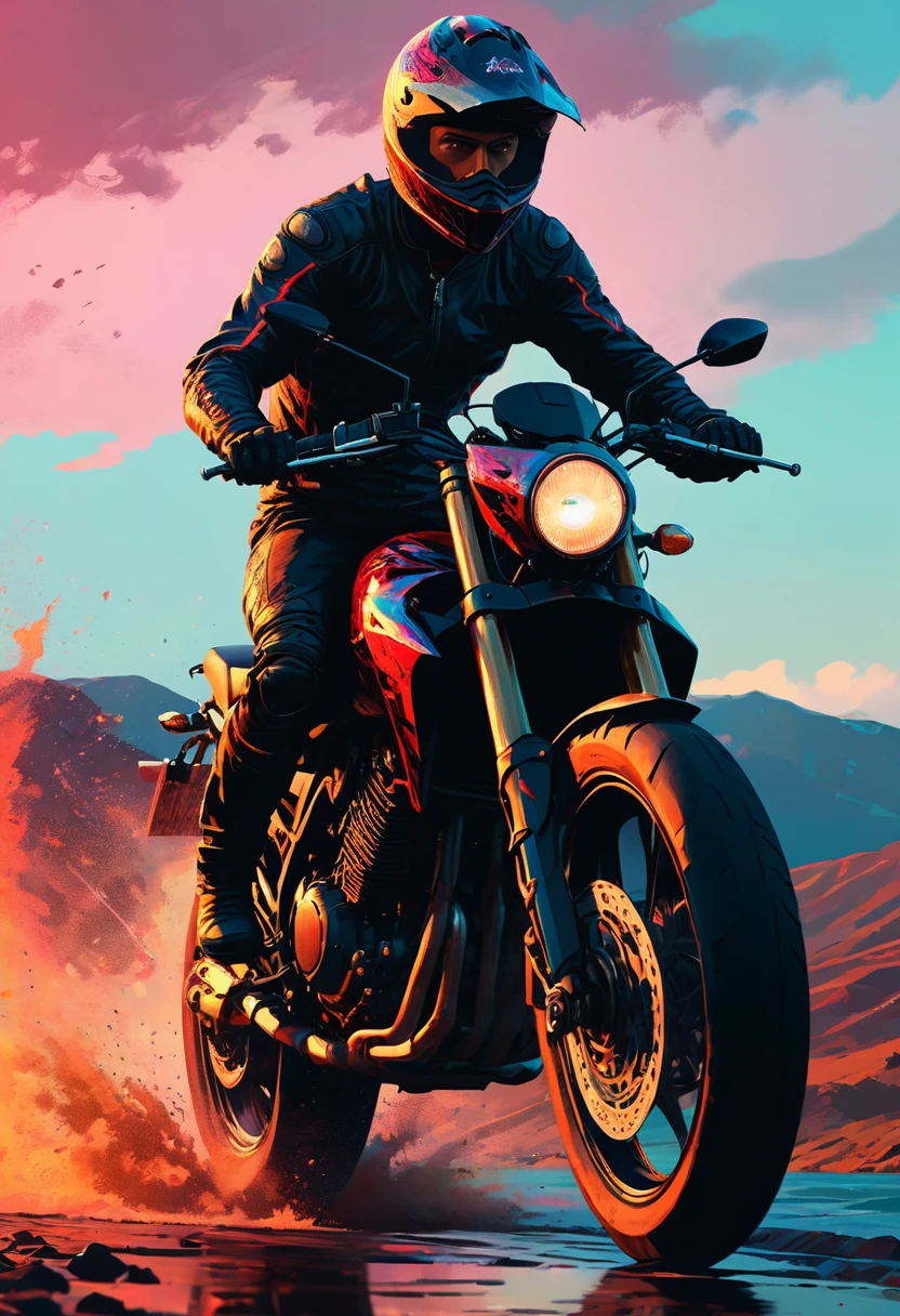 Motorcycle, rider, full body, by Alena Aenami, dramatic composition, cinematic dynamic action scene, vibrant colors, cinematic lighting, dramatic lighting, best quality, masterpiece, very aesthetic, perfect composition, intricate details, ultra-detailed