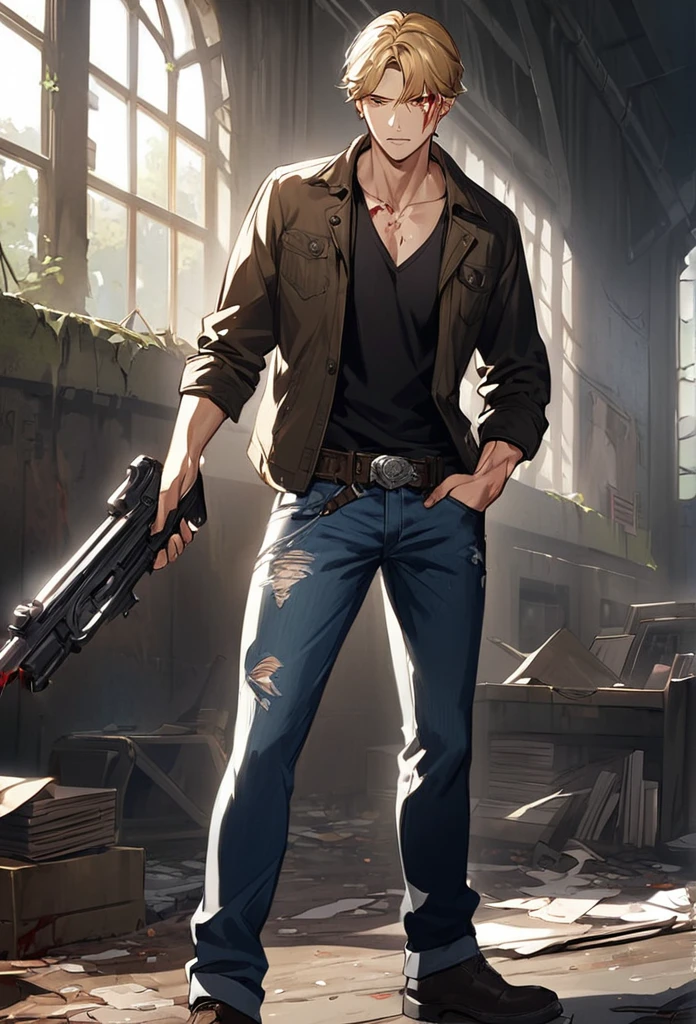 Make concepts art para um filme do dean winchester's blonde ,with black clotes and jeans,and torn,he is bleeding,and holding a gun!