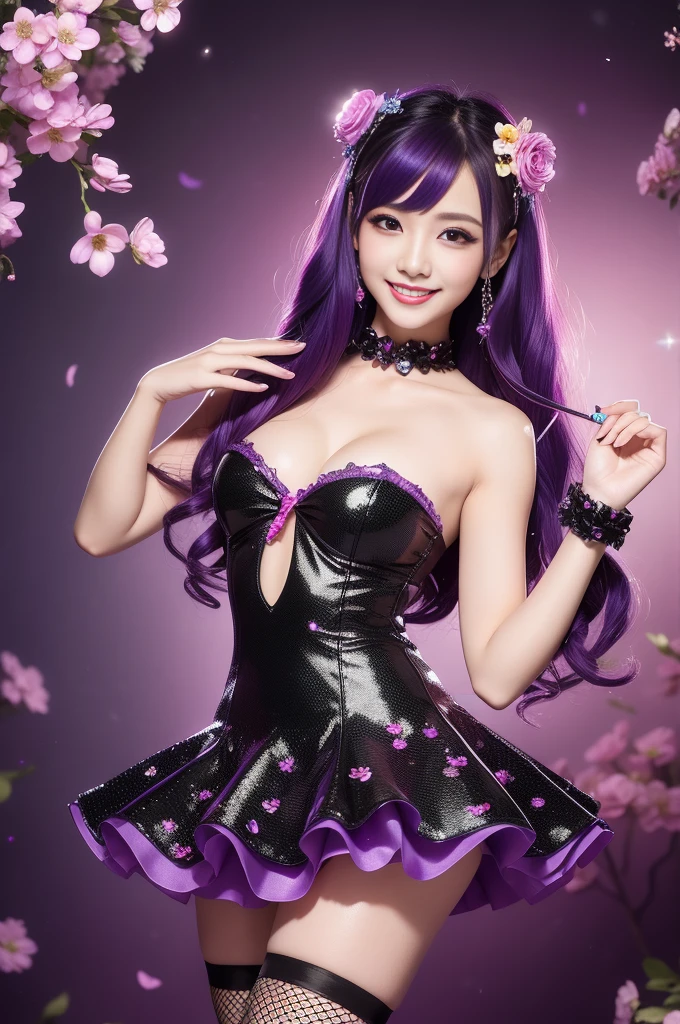 beautiful sexy female who controls poison、beautiful smile、lipgloss、professional makeup、full body Esbian、、sparkling poisoned flower costume、、、、sparkling Colorful hair、secrete poison、skull hair accessories、fishnet tights、flowers background