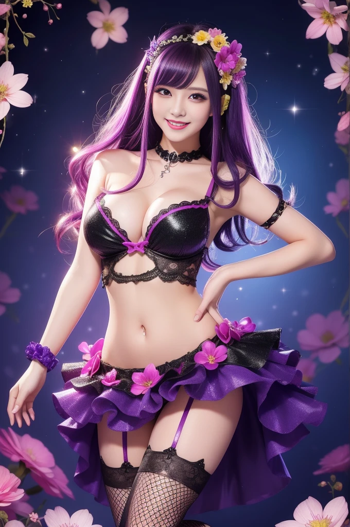 beautiful sexy female who controls poison、beautiful smile、lipgloss、professional makeup、full body Esbian、、sparkling poisoned flower costume、、、、sparkling Colorful hair、secrete poison、skull hair accessories、fishnet tights、flowers background