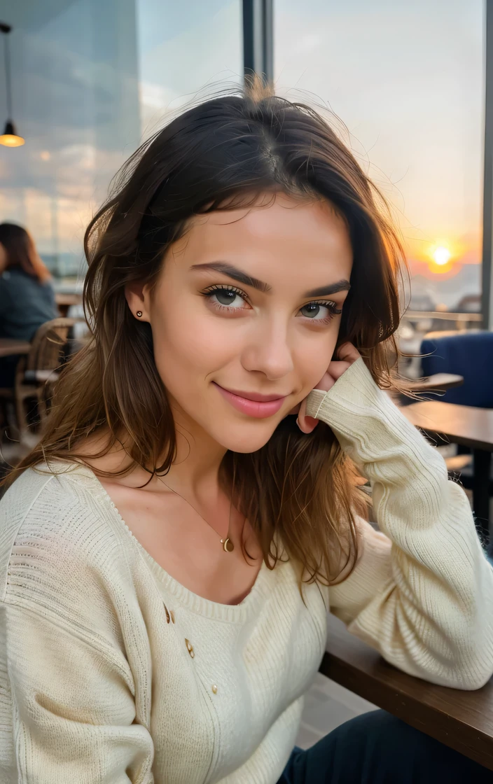 Cute beautiful blonde with yellow sweater (Drinking coffee in a modern café at sunset), muito detalhado, 14years old, innocent face, naturally wavy hair, blue eyes, high-res, masterpiece, best qulaity, Intricate detailing, muito detalhado, sharp focus, detailed skin, realistie Hauttextur, Textur, detailled eyes, professional, 4K, charming smile, taken with Canon, 85 mm, light depth of field, Kodak Vision Color, perfectly fitting body, extremely detail, photoshot_\(ultra\), fotorealisti, realisti, Post processing, maximum details, roughness, real life, ultrarealisti, photoshotrealismus, photoshotgrafie, 8K UHD, photoshotgrafie