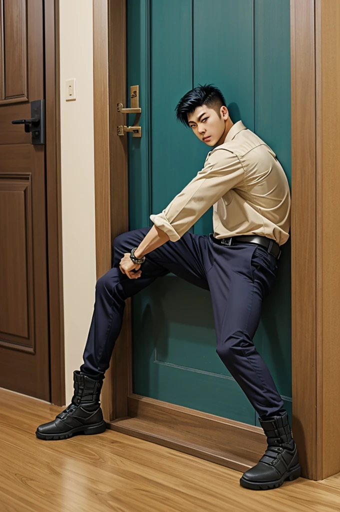 Create 002 of the mercenary enlistment manhwa leaning on a door frame