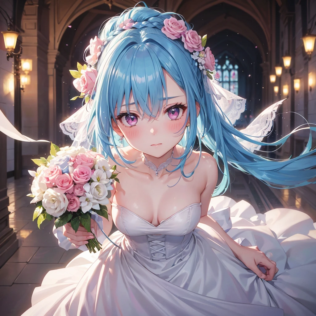 Sky blue hair, (Braided Ponytail),(Pink Eyes),Fair skin ,(whole body),(1 Girl),bride,blush,Straight bangs, 6月のbride,Wedding dress,(masterpiece, Highest quality, Very detailed, Best Shadow), (Detailed Background), (Beautifully detailed face), High Contrast, (Best lighting, Very delicate and beautiful), ((Cinematic Light)), colorful, Hyper Detail, Dramatic Light, Intricate details,Wedding hall,Bouquet of roses