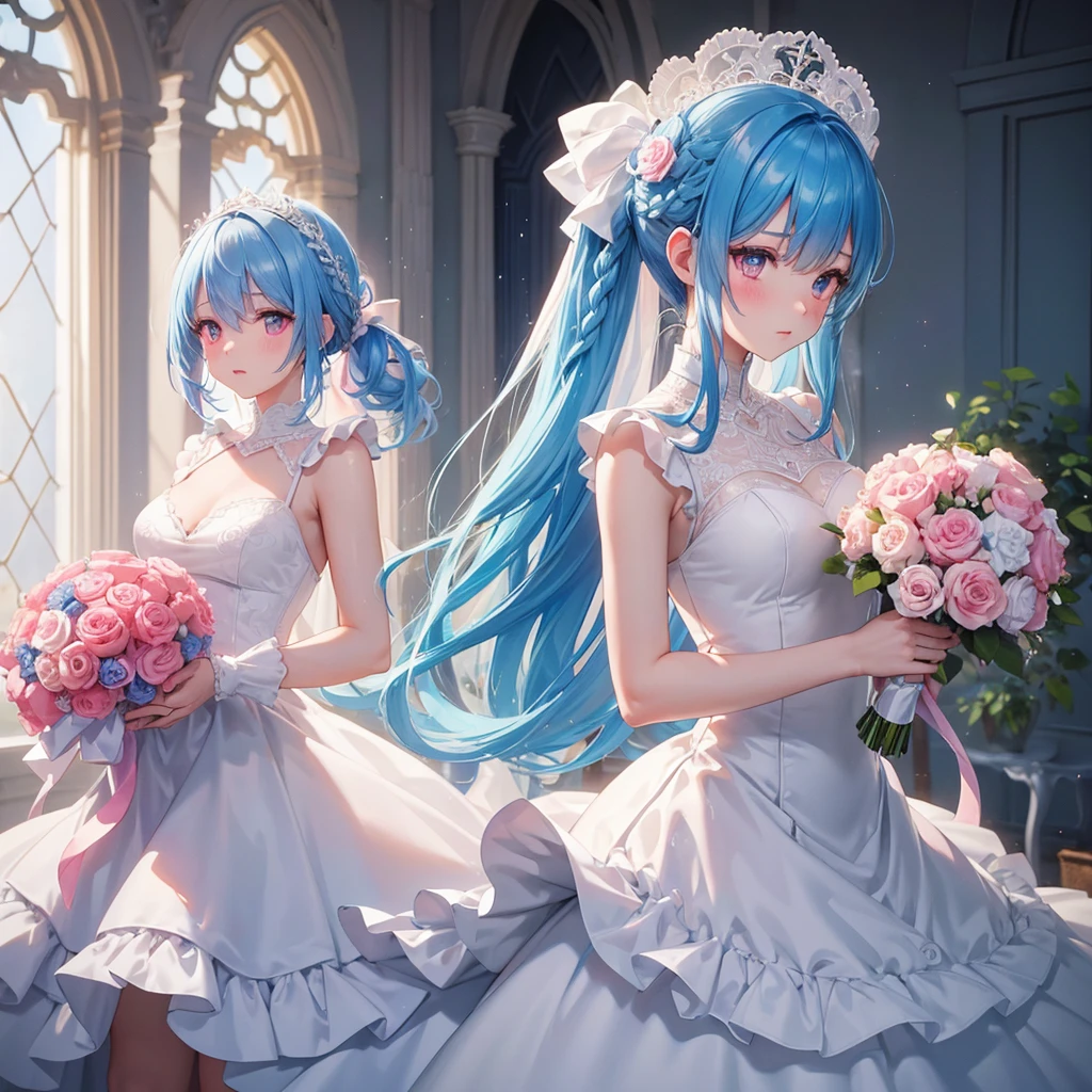 Sky blue hair, (Braided Ponytail),(Pink Eyes),Fair skin ,(whole body),(1 Girl),bride,blush,Straight bangs, 6月のbride,Wedding dress,(masterpiece, Highest quality, Very detailed, Best Shadow), (Detailed Background), (Beautifully detailed face), High Contrast, (Best lighting, Very delicate and beautiful), ((Cinematic Light)), colorful, Hyper Detail, Dramatic Light, Intricate details,Wedding hall,Bouquet of roses