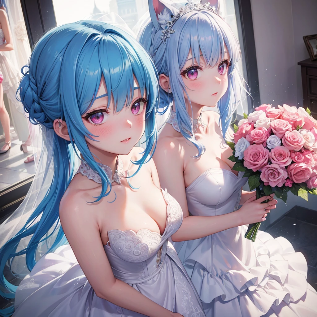 Sky blue hair, (Braided Ponytail),(Pink Eyes),Fair skin ,(whole body),(1 Girl),bride,blush,Straight bangs, 6月のbride,Wedding dress,(masterpiece, Highest quality, Very detailed, Best Shadow), (Detailed Background), (Beautifully detailed face), High Contrast, (Best lighting, Very delicate and beautiful), ((Cinematic Light)), colorful, Hyper Detail, Dramatic Light, Intricate details,Wedding hall,Bouquet of roses