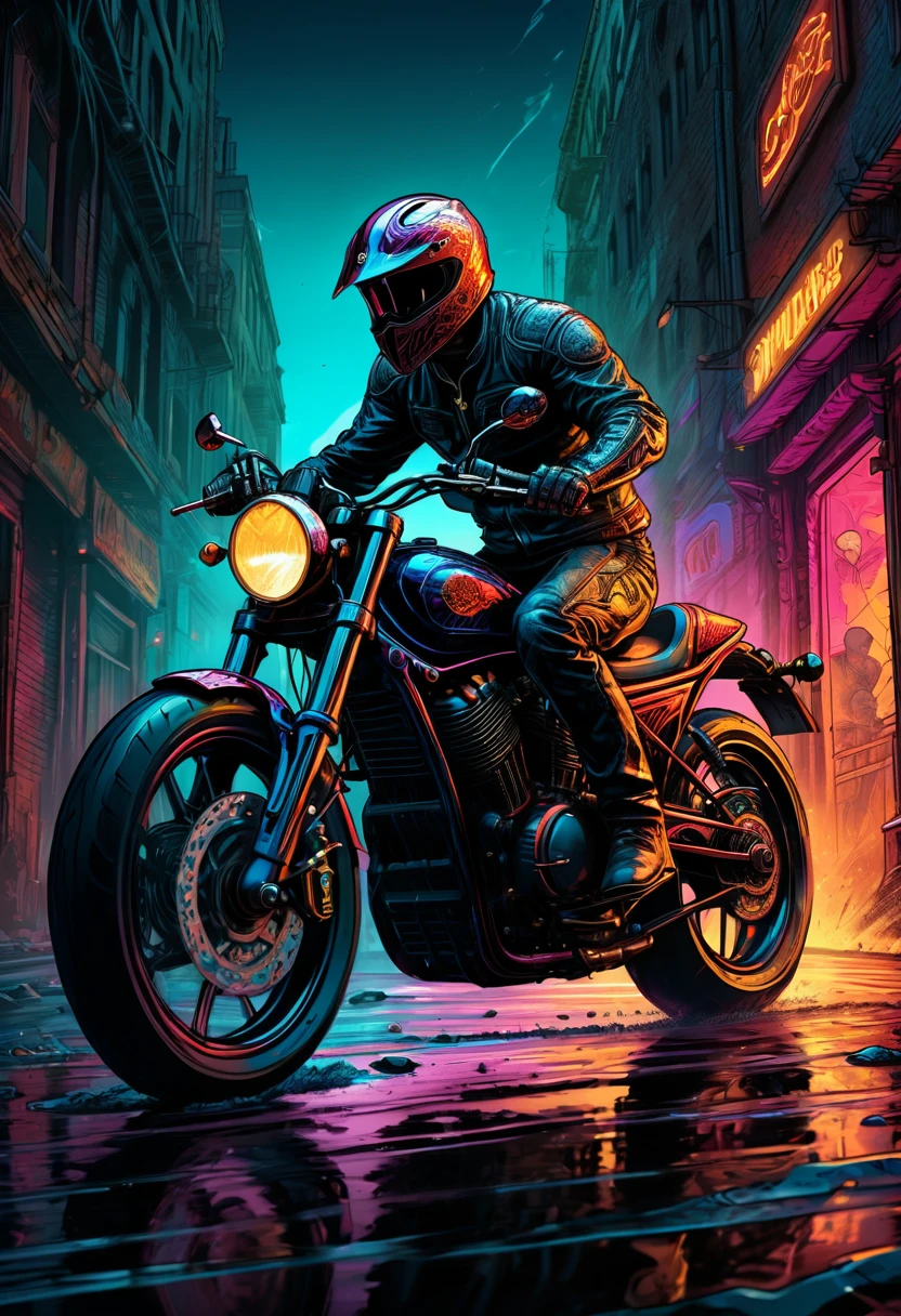Motorcycle, rider, full body, by dan mumford, dramatic composition, cinematic dynamic action scene, vibrant colors, cinematic lighting, dramatic lighting, best quality, masterpiece, very aesthetic, perfect composition, intricate details, ultra-detailed