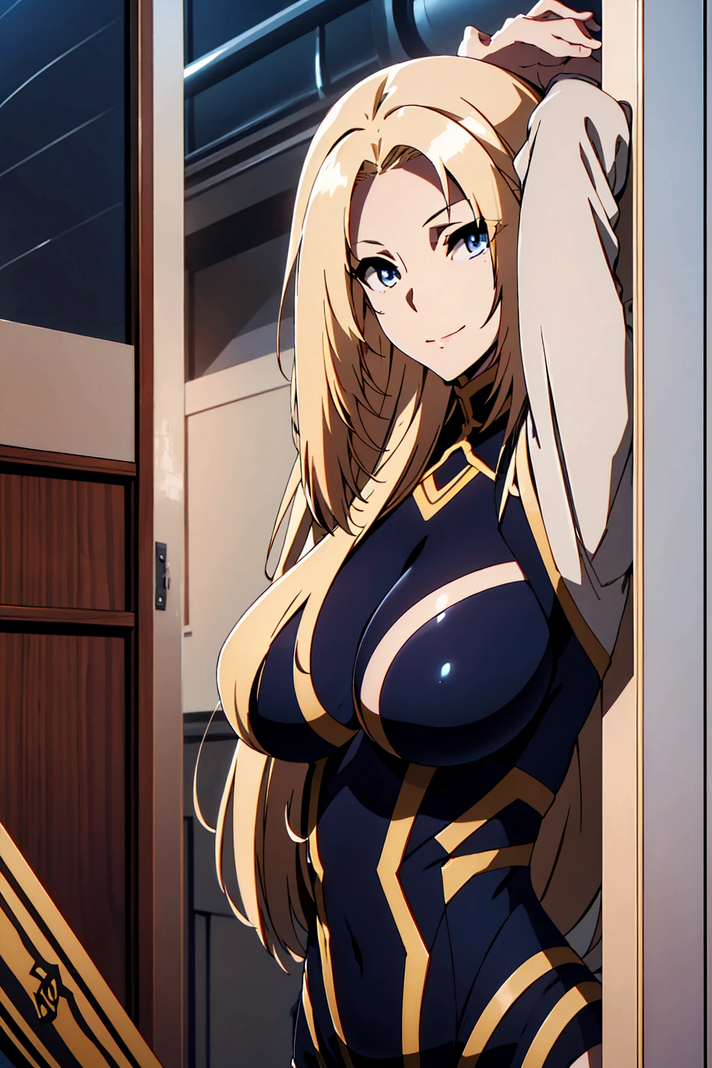 (Upper Body:1.3),Medium Shot,anime,masterpiece,gravure, 8K,Realistic, Beautiful woman,An elegant and mature elven woman, Elf Ears,blue eyes, Put your arms behind your head,(美的animeの目:1.3),Large Breasts,Blonde, Black bodysuit, smile,Beautiful breasts,8K resolution, High quality CG, Beautiful CG, Soft Light,View your viewers,(24-years-old),