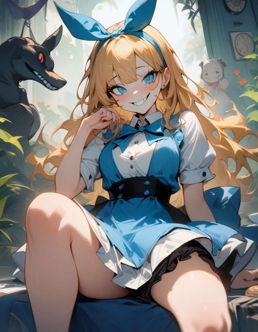 1girl, Alice in wonderland, cunning, crazy smile, beautiful, sitting, masterpiece, best quality, very aesthetic, absurdres