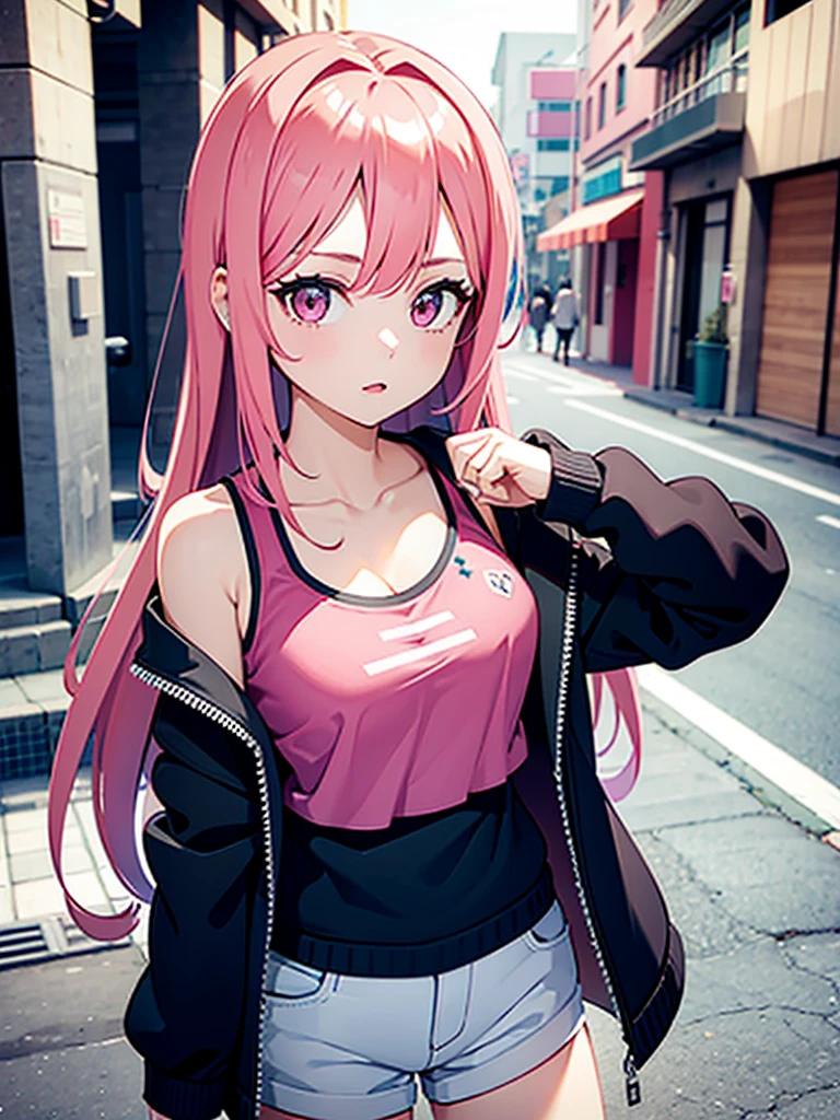 1 girl, 3D rendering, pink hair, Trendy clothes, Headshots showing chest