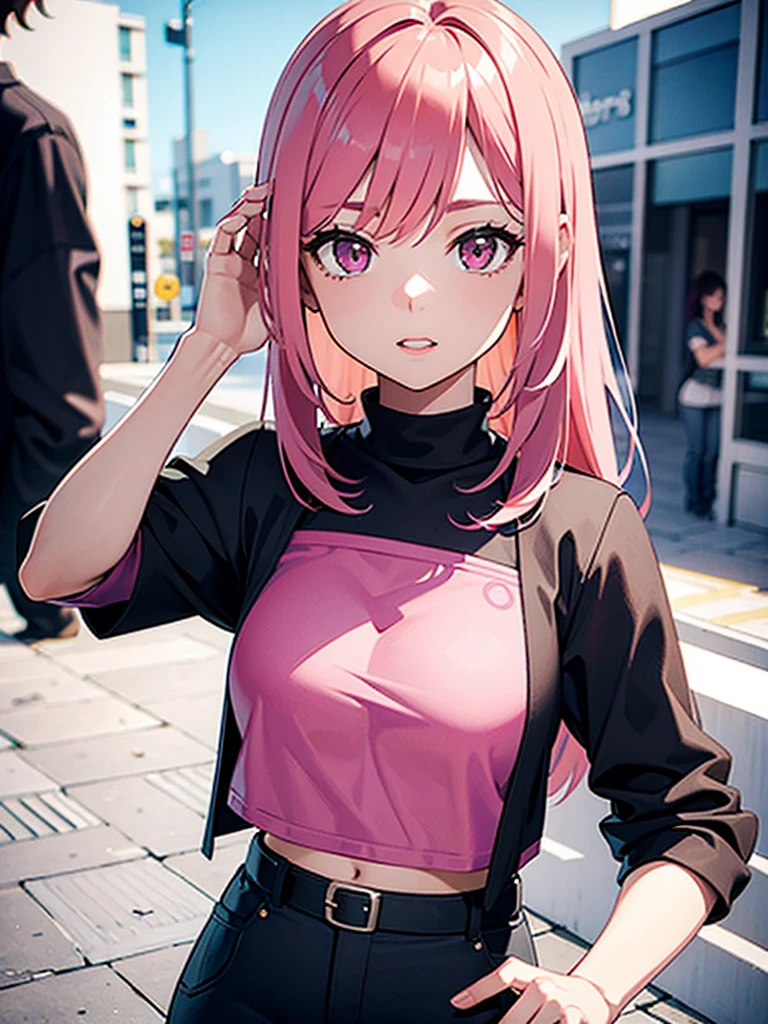 1 girl, 3D rendering, pink hair, Trendy clothes, Headshots showing chest