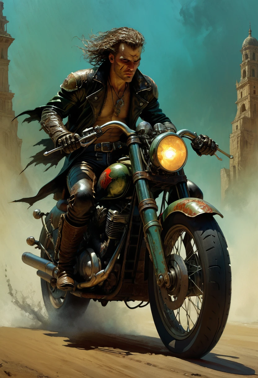 Motorcycle, rider, full body, by Gerald Brom, dramatic composition, cinematic dynamic action scene, vibrant colors, cinematic lighting, dramatic lighting, best quality, masterpiece, very aesthetic, perfect composition, intricate details, ultra-detailed
