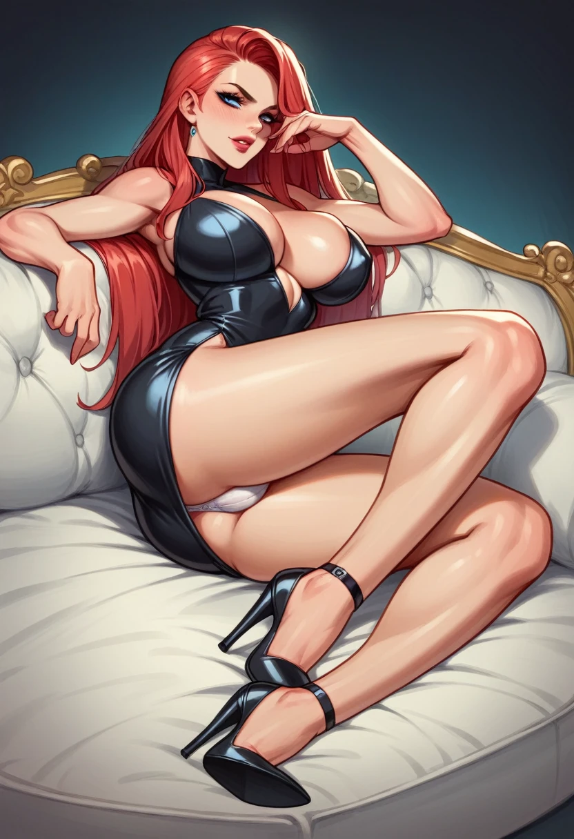 .21 year old woman , Long straight red hair, bright and expressive blue eyes, she opted for an elegant black dress. service, busty. comic style. She is sitting on the sofa in an imposing and sexy pose, your legs are open and your panties are showing, she only wears white panties and high heels.