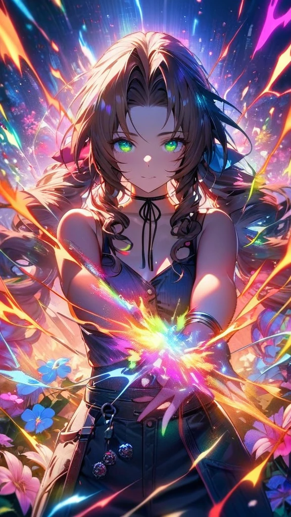 Symetrical,absurdres, highres, ultra detailed, HDR, masterpiece, extremely detailed face and eyes, aerith gainsborough ,final fantasy 7, , , solo, women , beautiful, ,, , beautiful pose scene,colorful flowers effect, colorful lightning effect,glowing glitters, ,colorful flames effect, colorful aura effect, colorful splashing, surrounded by colorful flowers energy